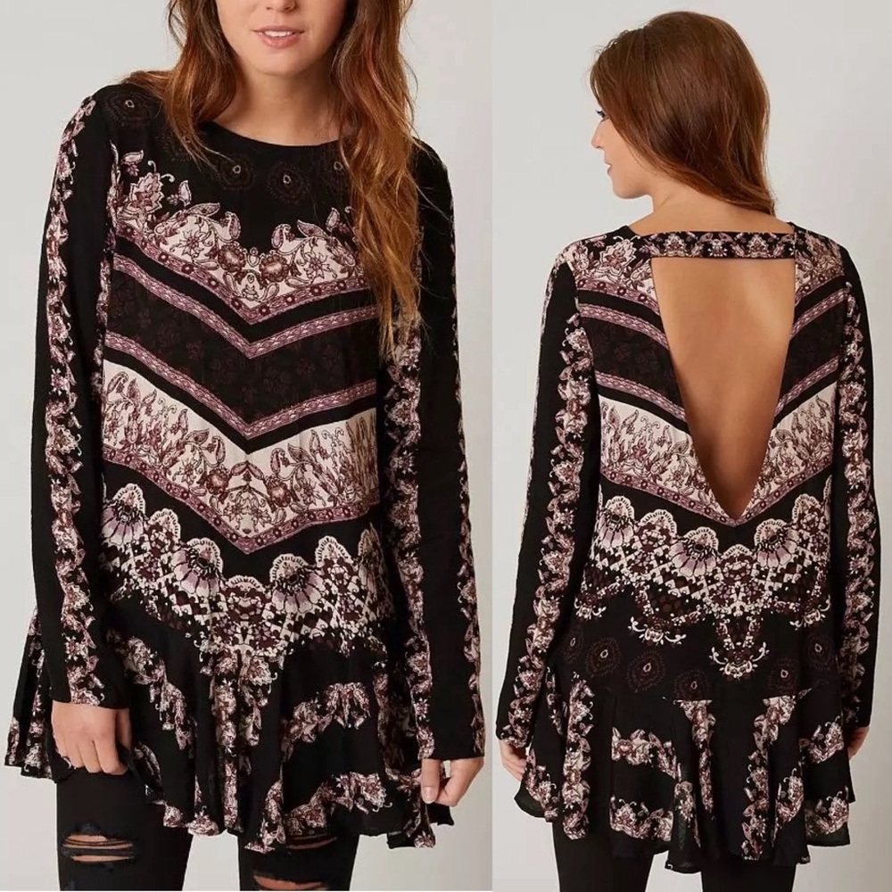 Free People Smooth Talker Tunic Dress Top Size Small Boho Open Back Long Sleeve